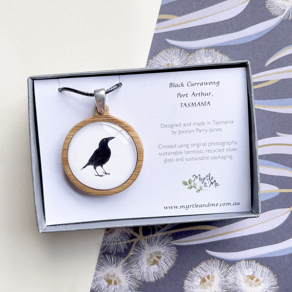 Black Currawong Bird Necklace - Tasmanian Handmade Nature Jewellery - Myrtle and Me