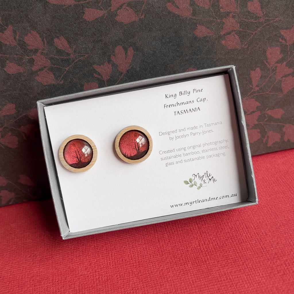 Red King Billy Pine Stud Earrings - Gift Boxed - Myrtle & Me Tasmanian Jewellery