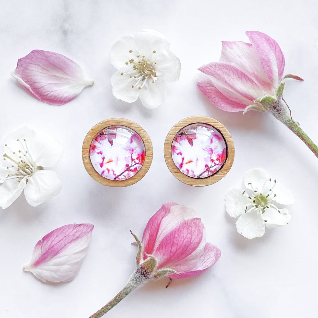 Pink Blossom Handmade Wooden Stud Earrings - Myrtle & Me Tasmanian Jewellery